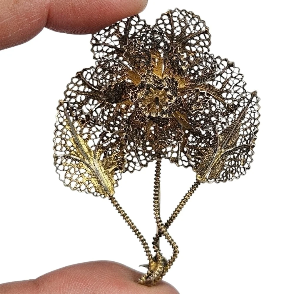 Sterling Filigree Flower Brooch Spun Silver 925 Vermeil Vintage Portugal 2.25
